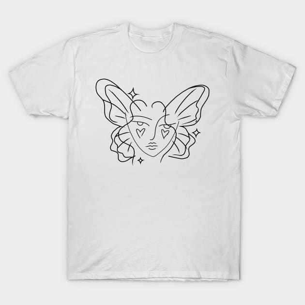 fairy woman fine line drawing hearts stars T-Shirt by saraholiveira06